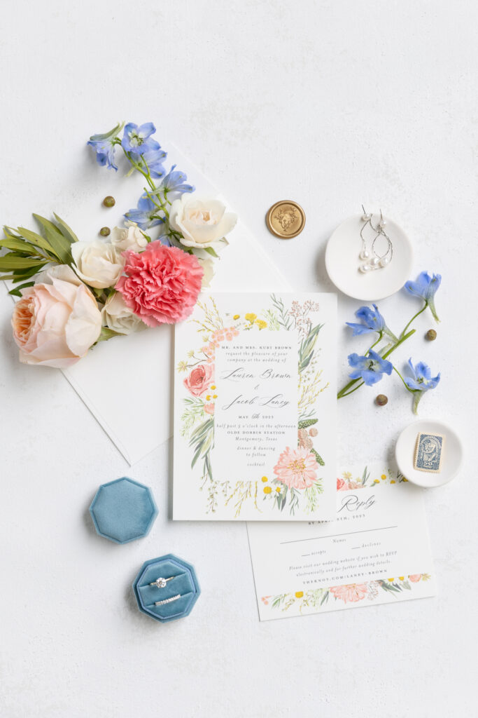 olde dobbin station wedding invitation suite - flat lay photos