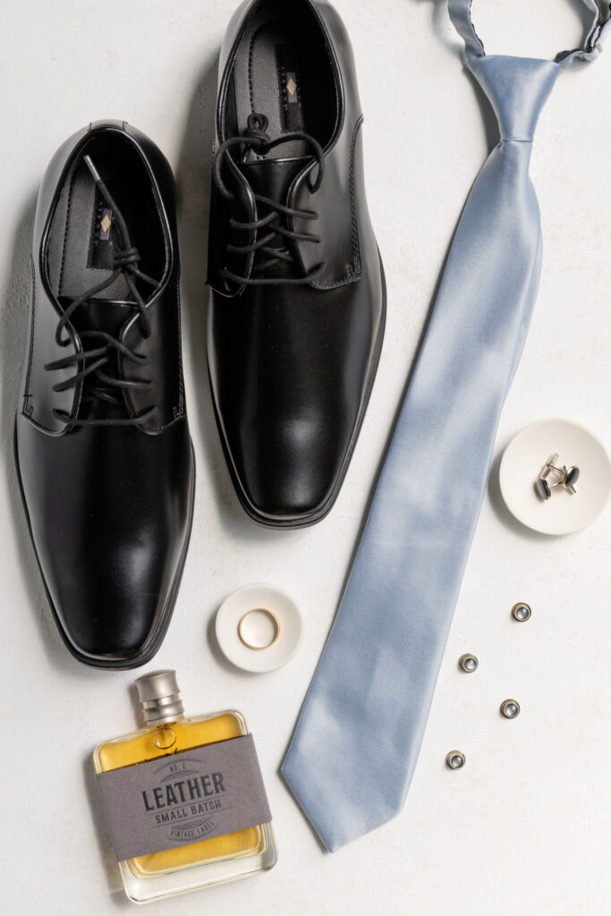 olde dobbin station wedding groom details with shoes, ring, tie, cufflinks and cologne.